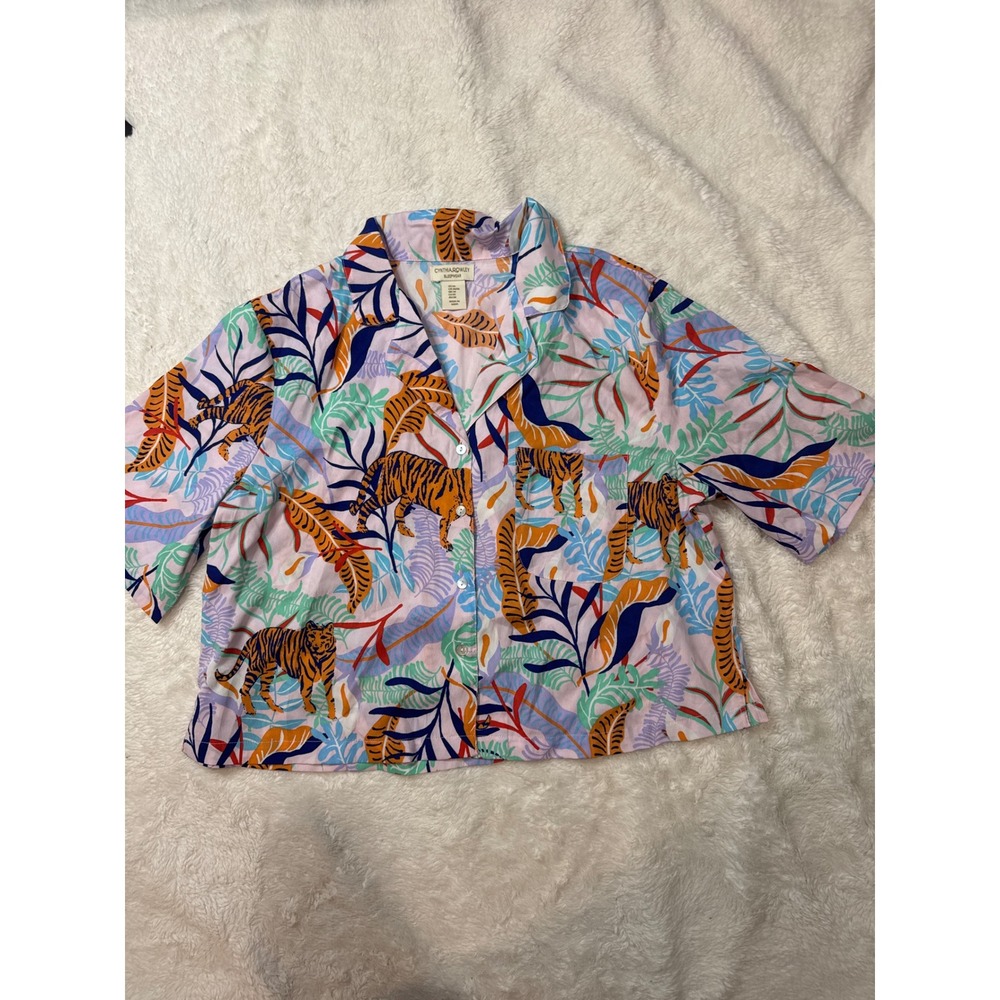 Cynthia Rowley Pajama Top Womens Medium Pink Tiger Tropical Print Good Button Up